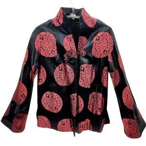 Vintage Cheongsam Black Red Embroidered Bell Sleeve Toggle Reversible‎ Jacket